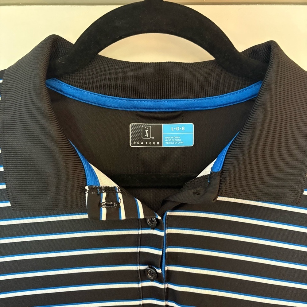 PGA Tour Women’s Black with Blue and White Stripes Long Sleeve Polo Shirt - Picture 3 of 9